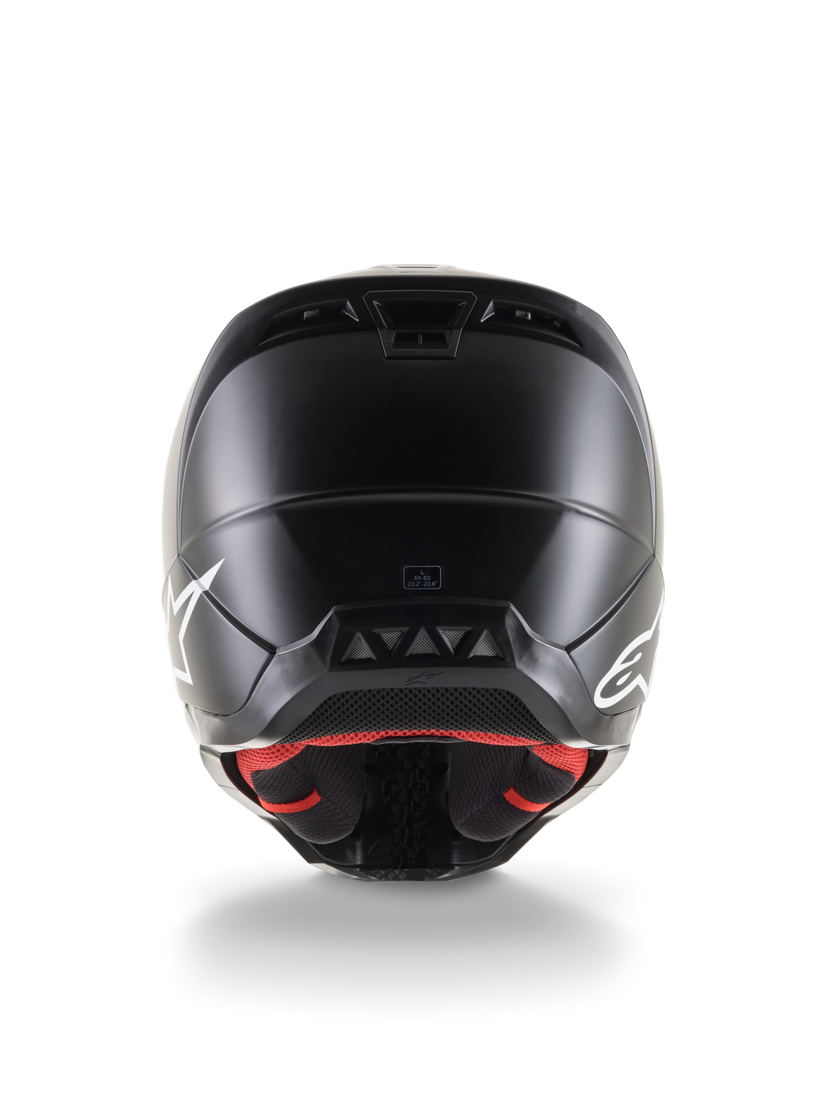 Rear view of the Alpinestars S-M5 Solid Helmet ECE 22.06, Motocross Helmet, Black Matte finish, featuring white Alpinestars logos on the sides, red inner lining, and aerodynamic shell with exhaust vents.