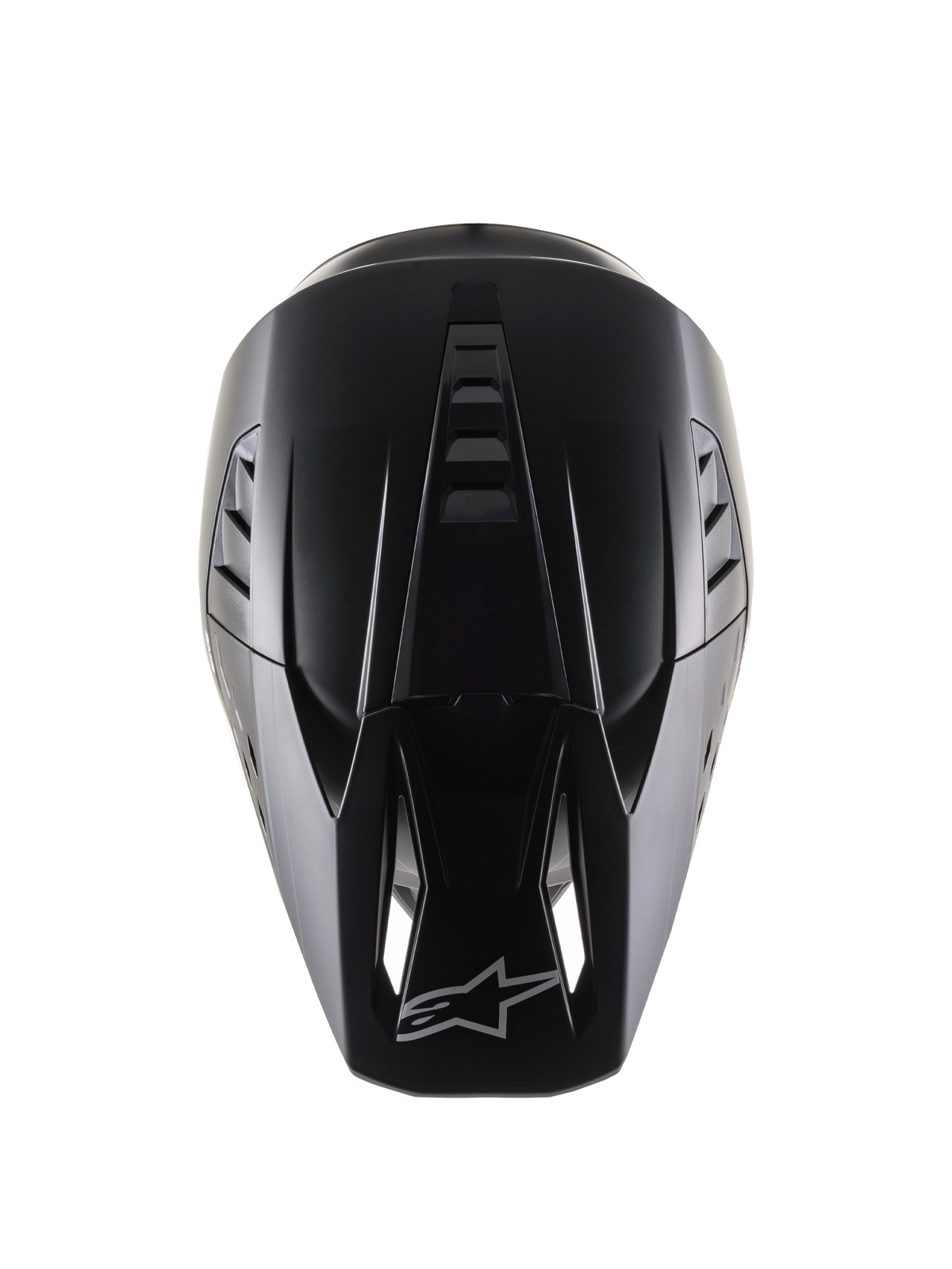 Alpinestars S-M5 Solid Helmet ECE 22.06, Motocross Helmet, Black Matt, top-down view showing the aerodynamic shell with ventilation ridges, visor featuring air intake ports and Alpinestars logo, sleek matte finish designed for off-road racing.