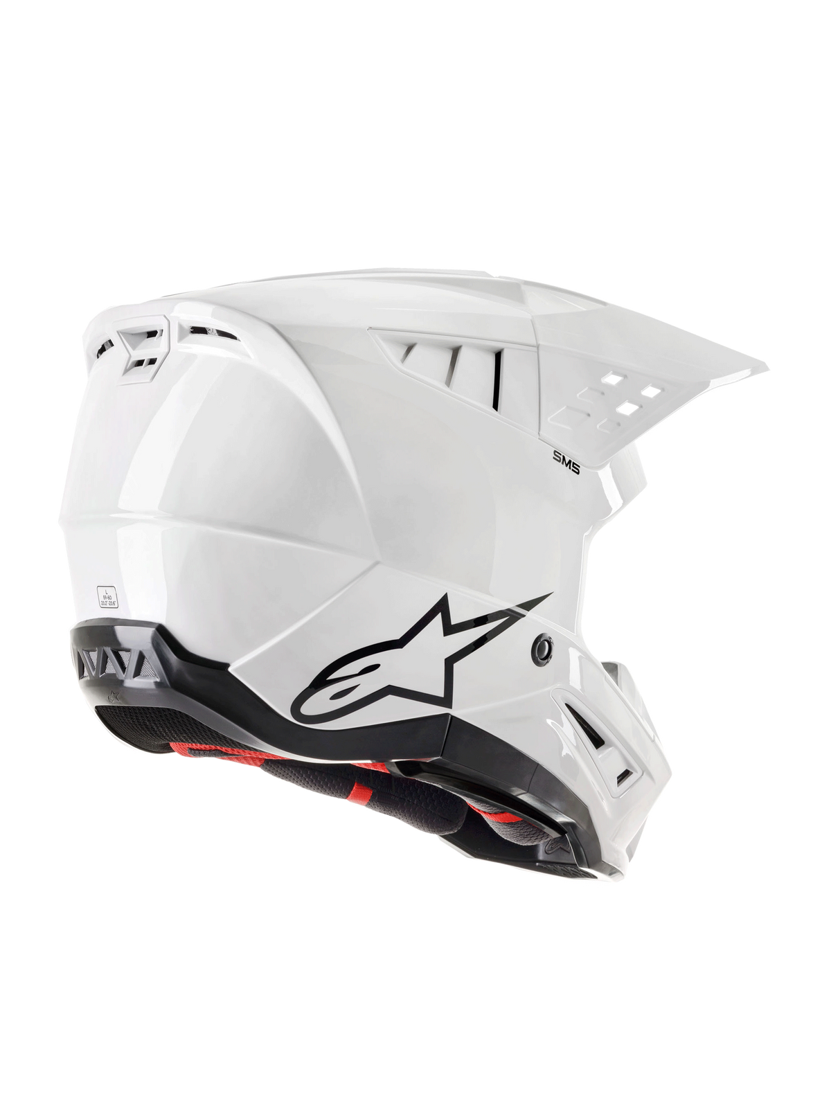 Alpinestars S-M5 Solid hjälm ECE 22.06, motocrosshjälm, vit blank, snett bakifrån med svart Astars-logotyp, integrerade utblåsventiler och strömlinjeformad aerodynamisk skaldesign