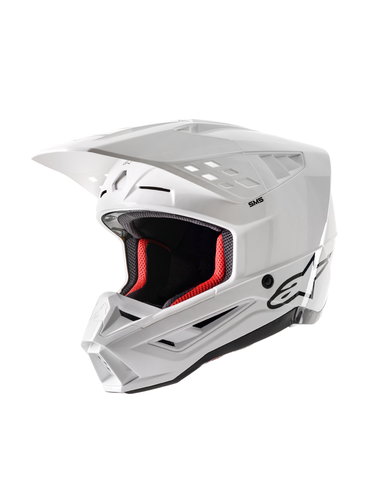 Alpinestars S-M5 Solid-hjälm ECE 22.06, motocrosshjälm, blank vit, med röd innerstoppning, svart Alpinestars-logotyp, aerodynamisk skärm och flera ventilationsöppningar för skydd vid terrängkörning