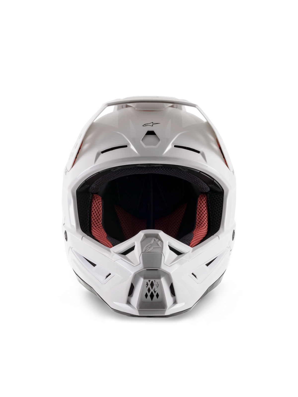 Alpinestars S-M5 Solid-hjälm ECE 22.06, motocrosshjälm, vit glansig, framifrån, med flera luftintag på hakan och pannan, brett visir, rött och svart innerfoder, strömlinjeformad och aerodynamisk design för terrängkörning