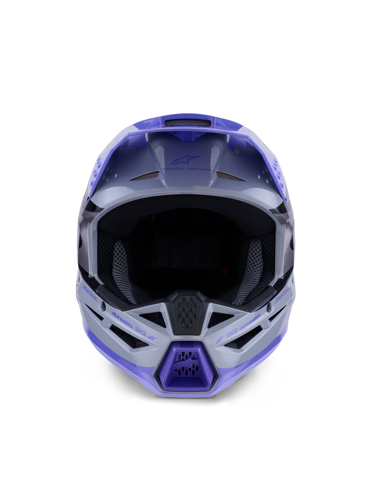 Alpinestars S-M3 Jettson Youth Helmet, Motocross Helmet, Gray Purple and Black Glossy finish, front view showing large eye port for goggles and ventilated chin guard, professional off-road head protection.