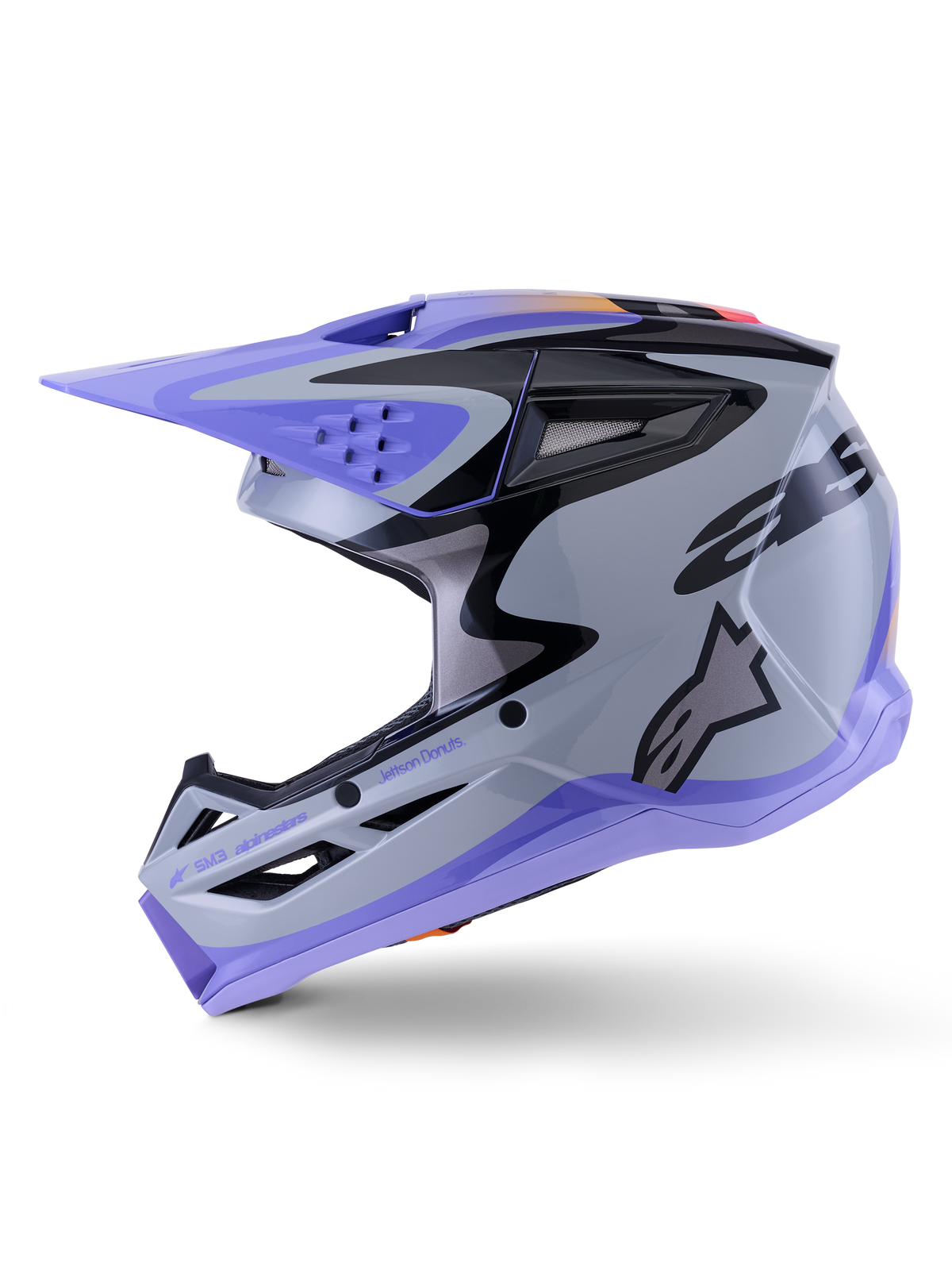 Alpinestars S-M3 Jettson hjälm, motocrosshjälm, grå, lila och svart högblank, sidoprofil med snygg grafik och justerbart visir, flera ventilationsöppningar och Alpinestars-logotyp, högpresterande skydd för terrängkörning