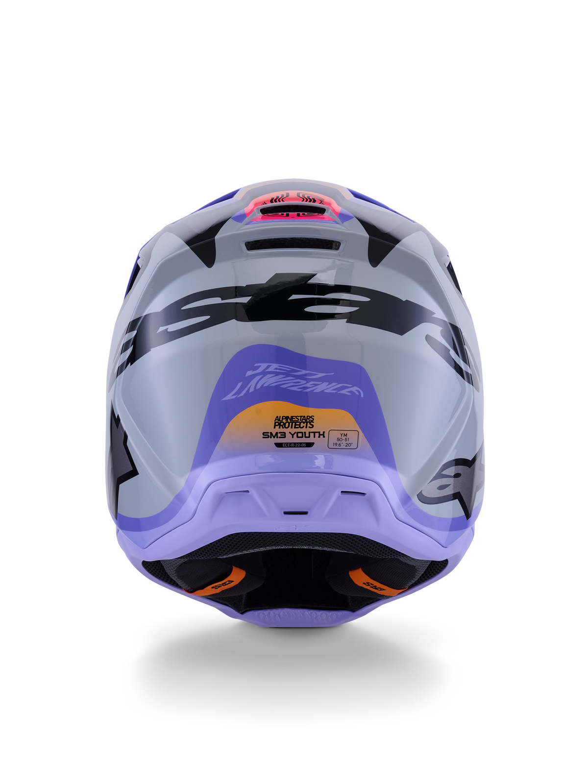 Alpinestars S-M3 Jettson ungdomshjälm, bakifrån, grå med lila och svart glansig grafik, med Jett Lawrence signaturdesign och Alpinestars-logotyper, motocrosshjälm för terrängkörning