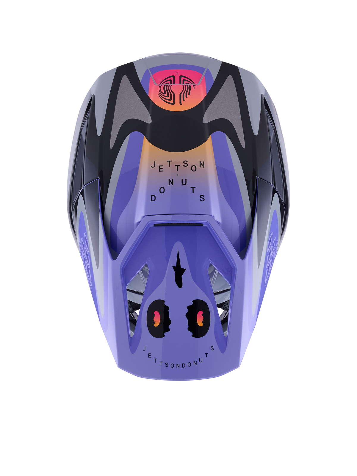 Alpinestars S-M3 Jettson Youth Helmet, Motocross Helmet, Gray Purple and Black Glossy, top view featuring 'Jettson Donuts' graphic patterns on a lavender base, black and gray accents, and protective visor peak