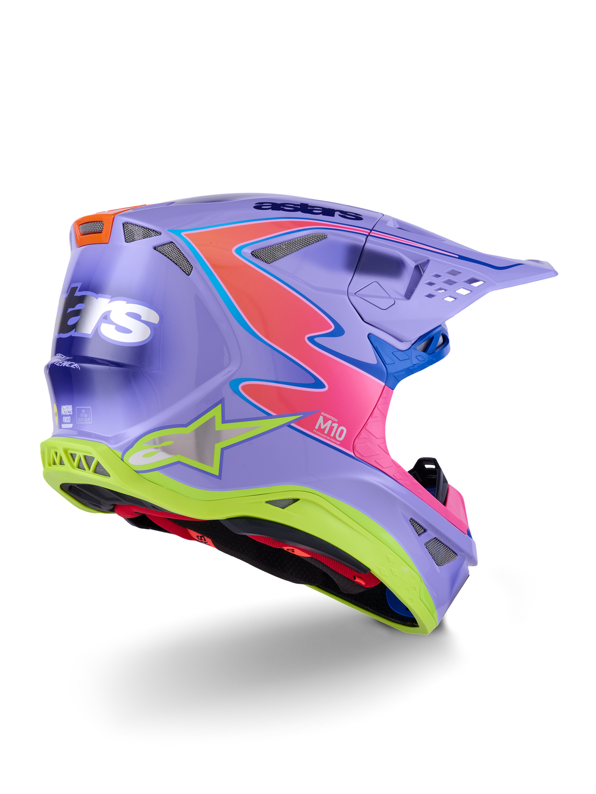 Alpinestars Supertech M10 Jett Lawrence R01 hjälm, motocrosshjälm, lila med rosa och fluorescerande gula detaljer, djärv grafisk design med Alpinestars-logotyper, aerodynamiskt skal med ventilationsöppningar och ett skyddande visir.