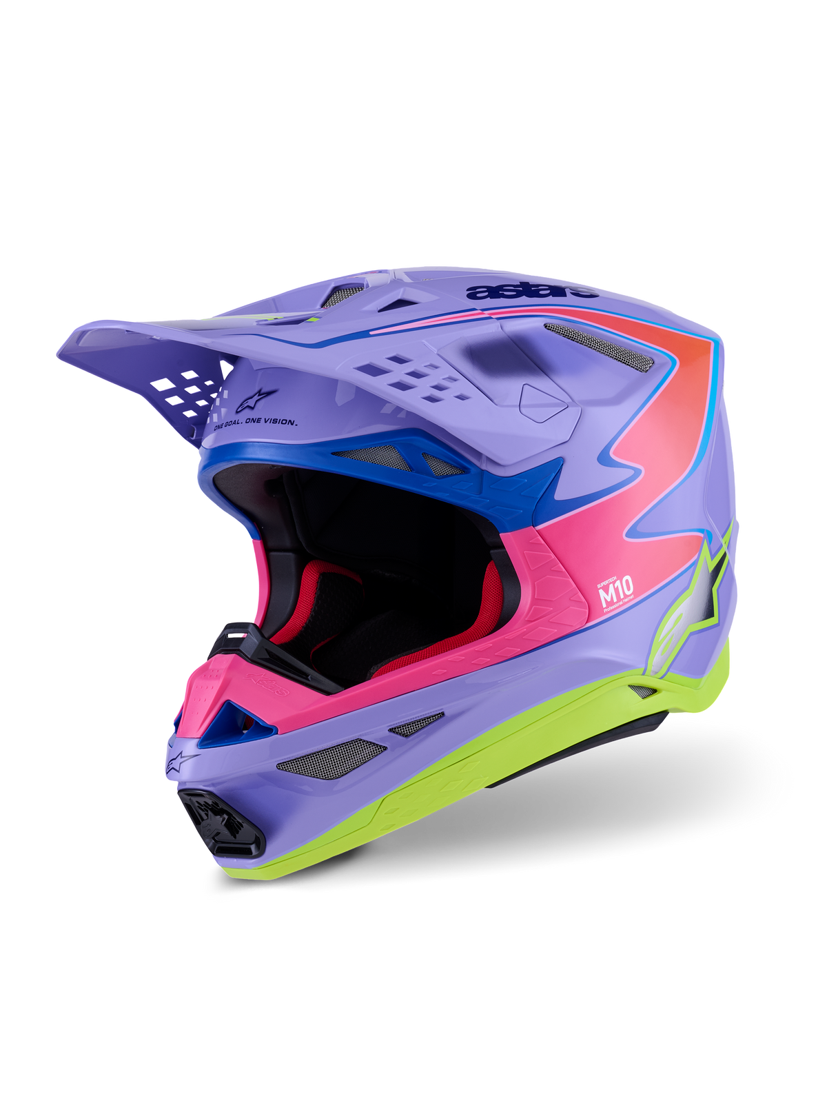 Alpinestars Supertech M10 Jett Lawrence R01-hjälm, motocrosshjälm, lila, rosa och fluorescerande gul glans, aerodynamisk design med multikomposit-kolfiberskal, flera ventilationsöppningar och livfull racinggrafik för terrängprestanda