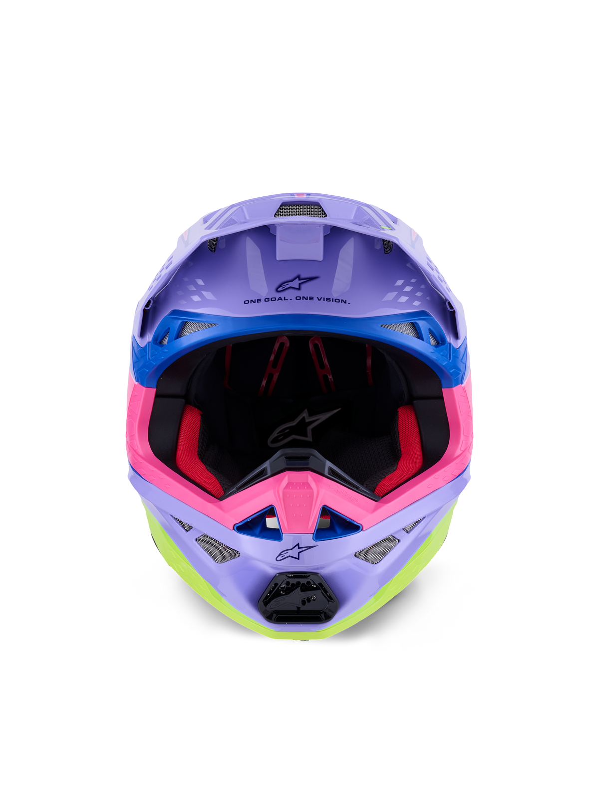 Alpinestars Supertech M10 Jett Lawrence R01-hjälm, motocrosshjälm, lila, rosa och neongul glans, vy framifrån som visar inre vaddering och hakskydd, 'ONE GOAL. ONE VISION.' tryckt under visiret, färgstark racinggrafik med blå detaljer