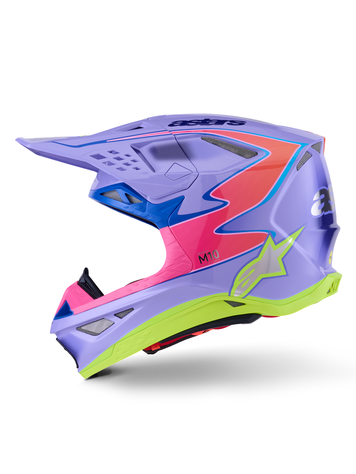 Alpinestars Supertech M10 Jett Lawrence R01 hjälm, motocrosshjälm, lila med rosa och fluorgula detaljer, sidoprofil med ett aerodynamiskt kolfiberskal, silverfärgad stjärnlogotyp, flera ventilationsöppningar och djärv grafisk design för professionell motocrossracing.