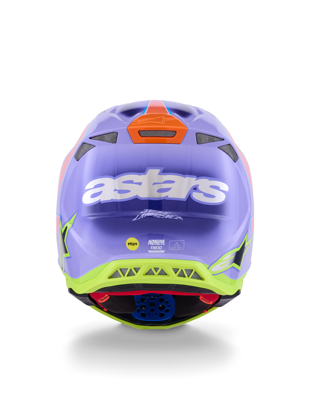 Alpinestars Supertech M10 Jett Lawrence R01-hjälm, motocrosshjälm, lila, rosa och fluorescerande gul, vy bakifrån med tydlig vit astars-logotyp, Jett Lawrence-signatur och flera ventilationsportar, strömlinjeformad aerodynamisk design för terrängkörning