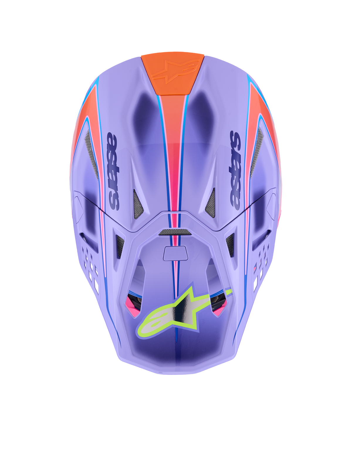 Alpinestars Supertech M10 Jett Lawrence R01-hjälm, motocrosshjälm, lila med rosa och orange grafik, vy uppifrån som visar ventilationsöppningar och aerodynamiskt skal, neongul stjärnlogotyp på visiret, avancerad kolfiberkonstruktion för terrängkörning