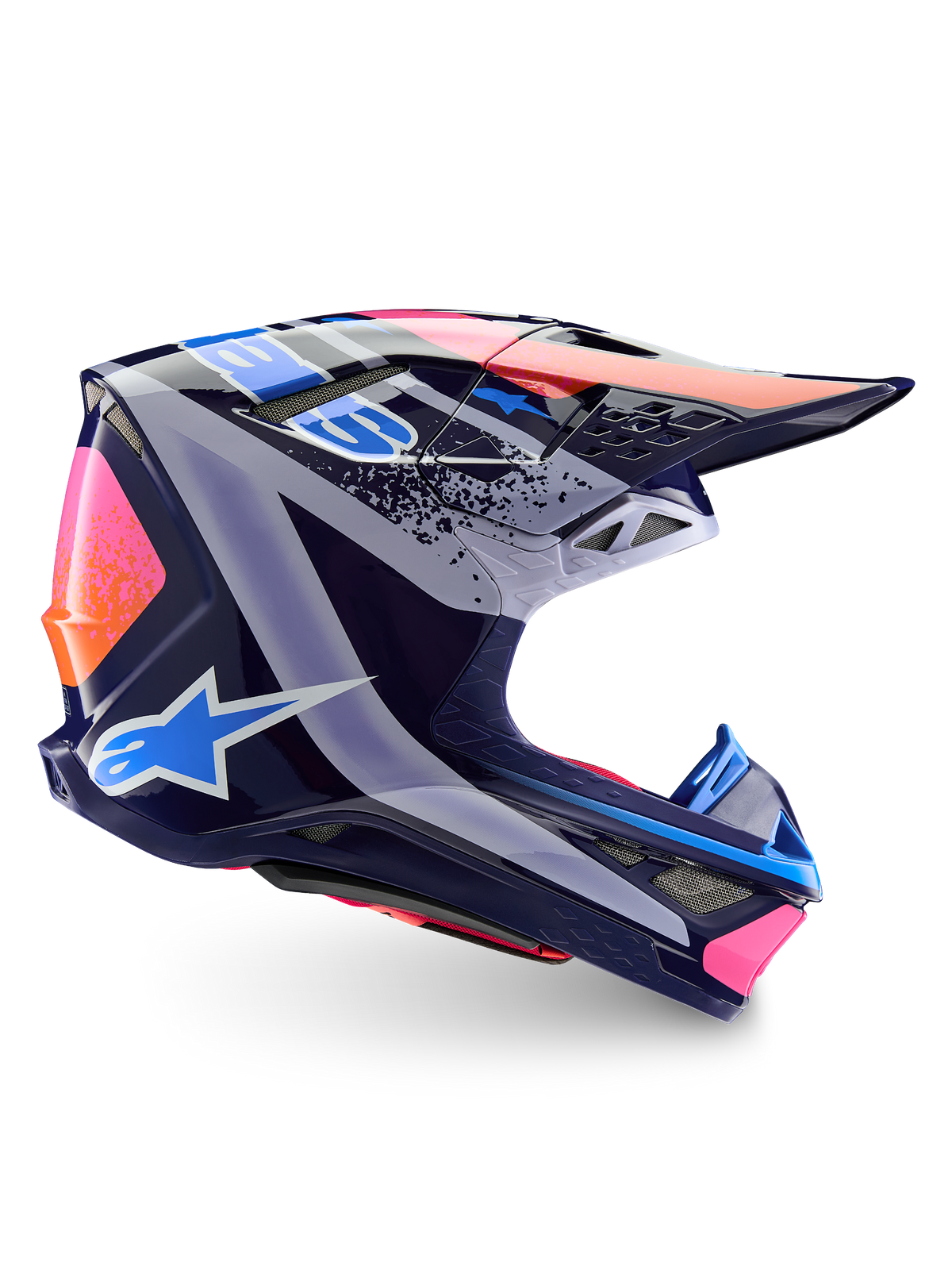 Alpinestars Limited Edition Supertech M10 Records-hjälm, motocrosshjälm, flerfärgad glansig yta, med en marinblå bas och livfull Records-grafik i rosa, orange och ljusblått, profilvy från sidan som visar det aerodynamiska skalet, visiret och ventilationsportarna.