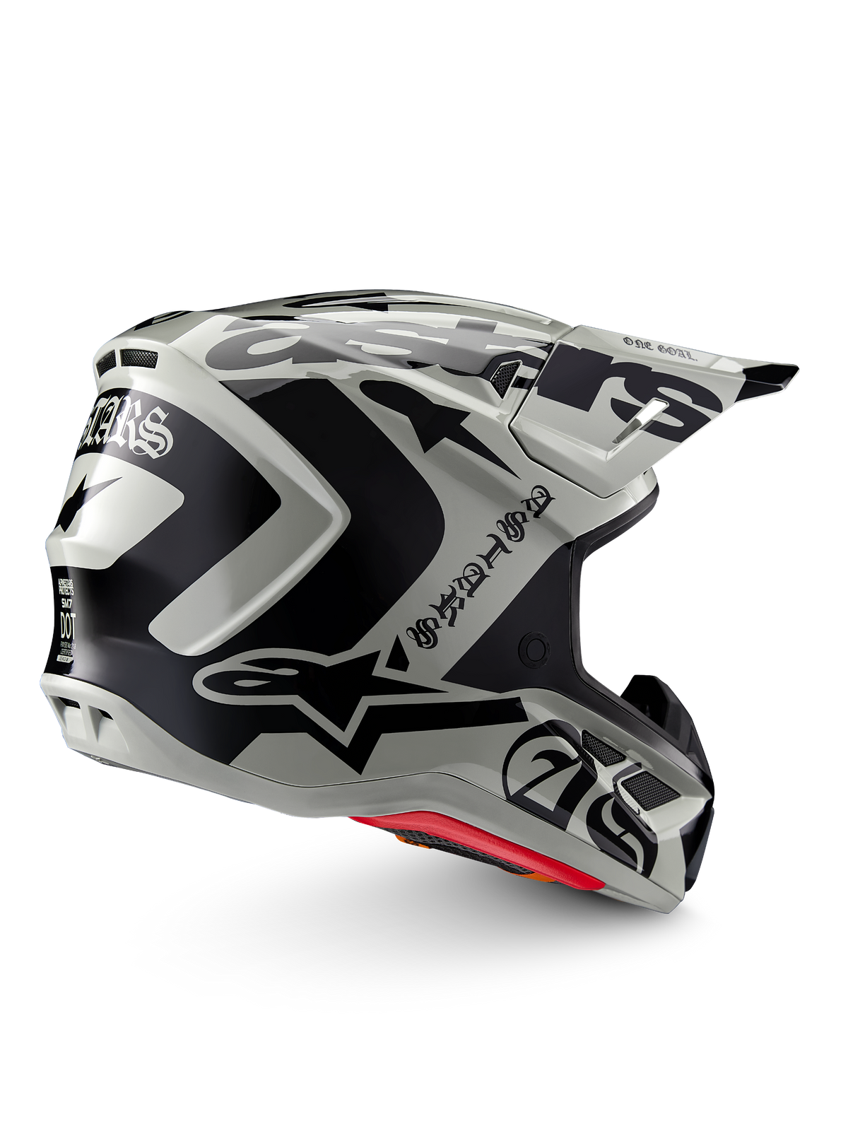 Alpinestars Limited Edition S-M7 Wolf Dust-hjälm, motocrosshjälm, Dune Black Glossy, ljusgrått skal med kraftig svart Alpinestars-grafik och text i gotisk stil, strömlinjeformad aerodynamisk design med flera ventilationsöppningar, röd innerstoppning, högpresterande huvudskydd för terrängkörning
