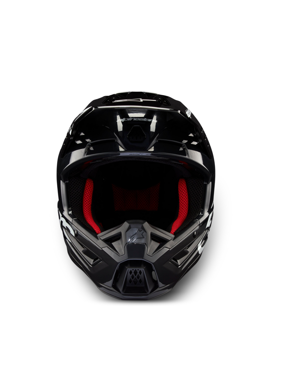 Alpinestars S-M5 Corp hjälm, mörkgrå glansig motocrosshjälm med rött innerfoder, ECE 22.06-certifierad.