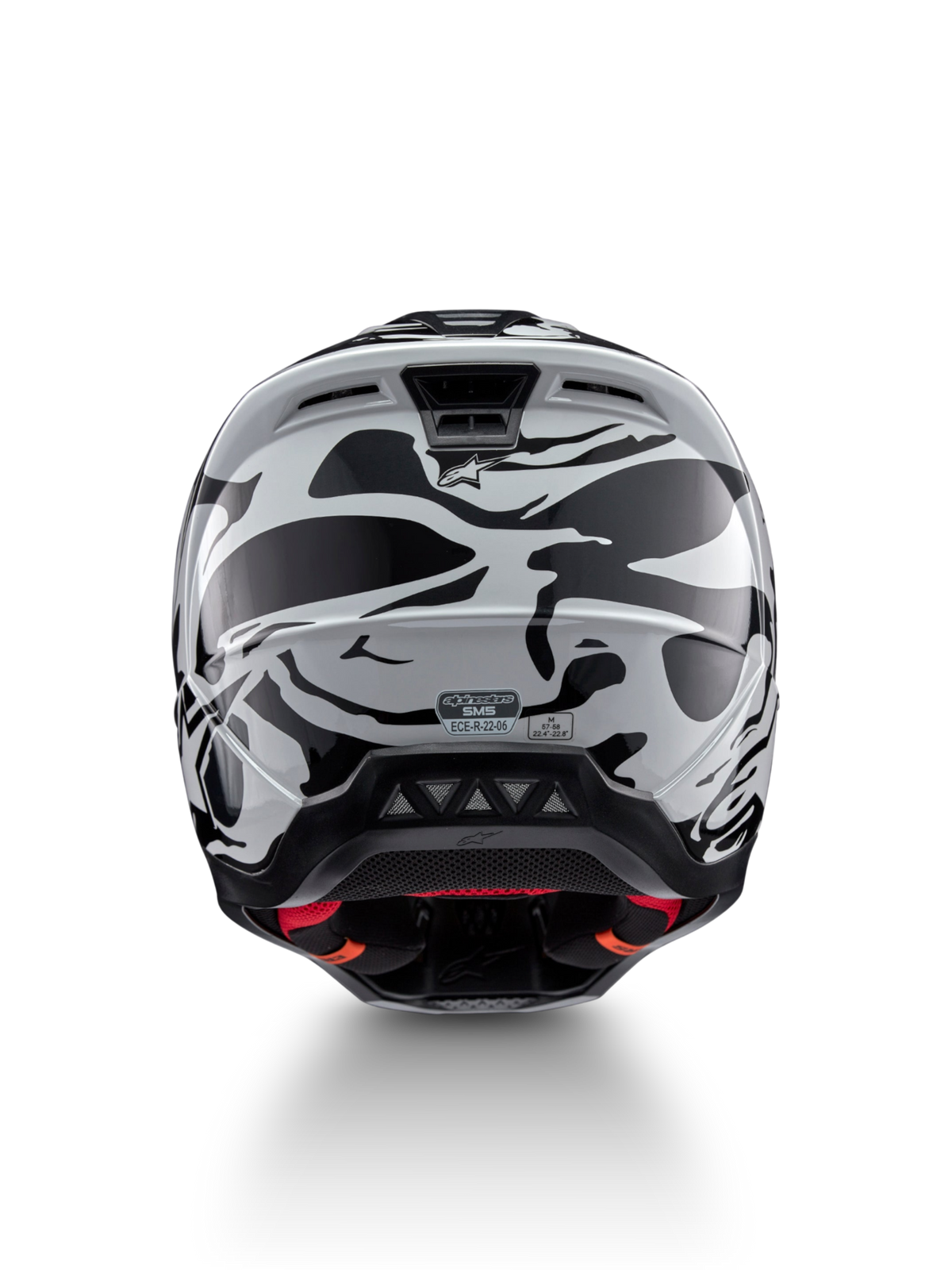 Alpinestars S-M5 Mineral Motocross Helmet, Cool Gray and Dark Gray, ECE 22.06 certified, rear view with ventilation ports.