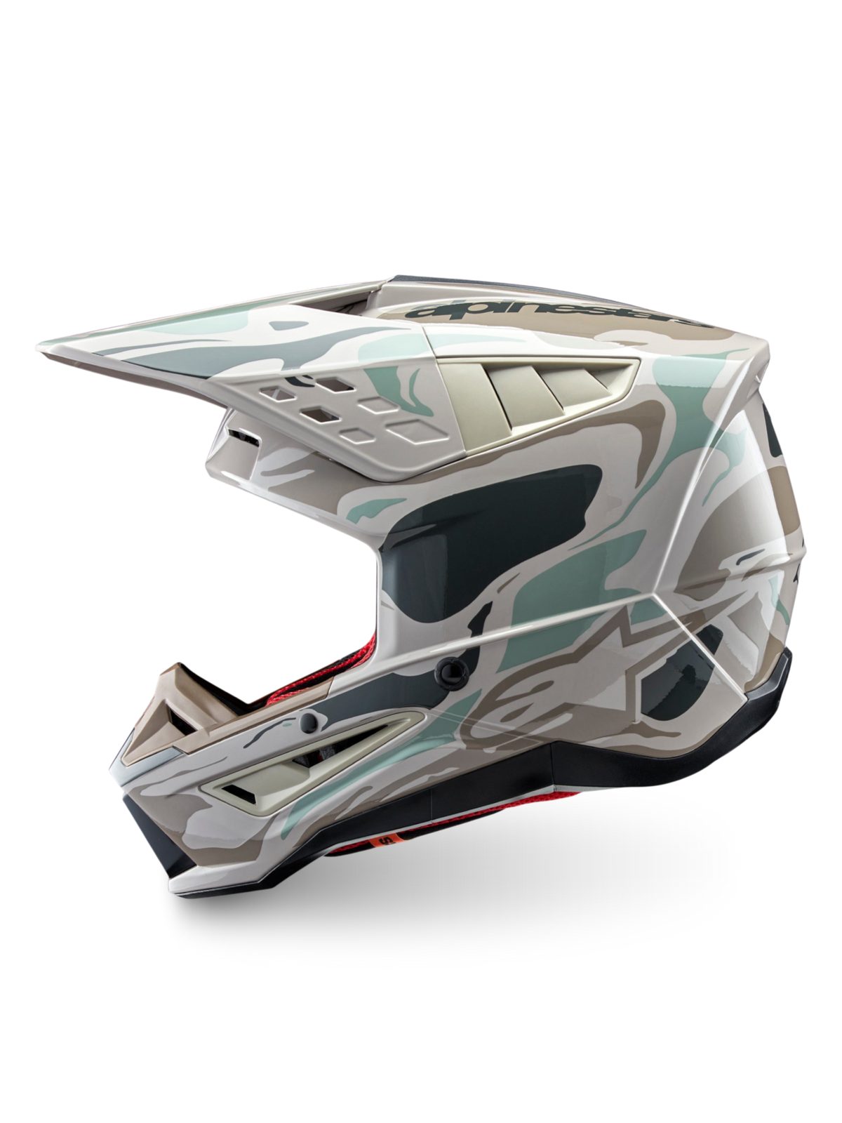 Alpinestars S-M5 Mineral hjälm, glansig motocrosshjälm i grå och grön camo, ECE 22.06-certifierad för terrängkörning.
