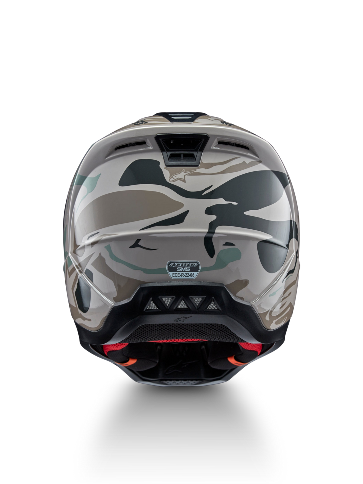Alpinestars S-M5 Mineral motocrosshjälm bakifrån, varmgrå och celadongrön kamouflage, ECE 22.06-certifierad