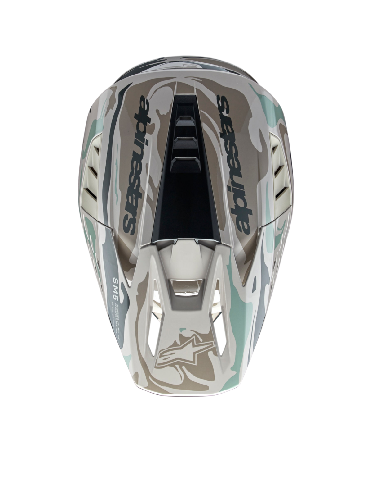 Alpinestars S-M5 Mineral hjälm, varmgrå och celadongrön motocrosshjälm med glansigt kamouflagemönster, vy ovanifrån.
