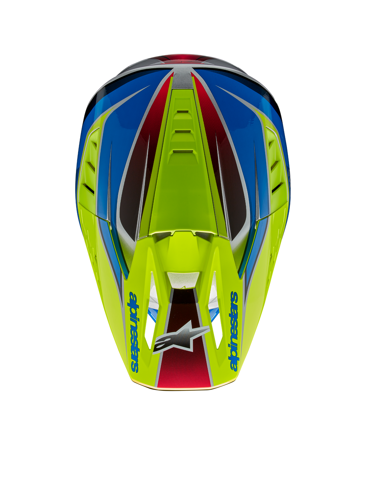 Alpinestars S-M5 Sail Helmet ECE, Motocross Helmet, Yellow Fluo, Enamel Blue, and Silver Glossy, top-down view highlighting the visor with Alpinestars logo and integrated air vents