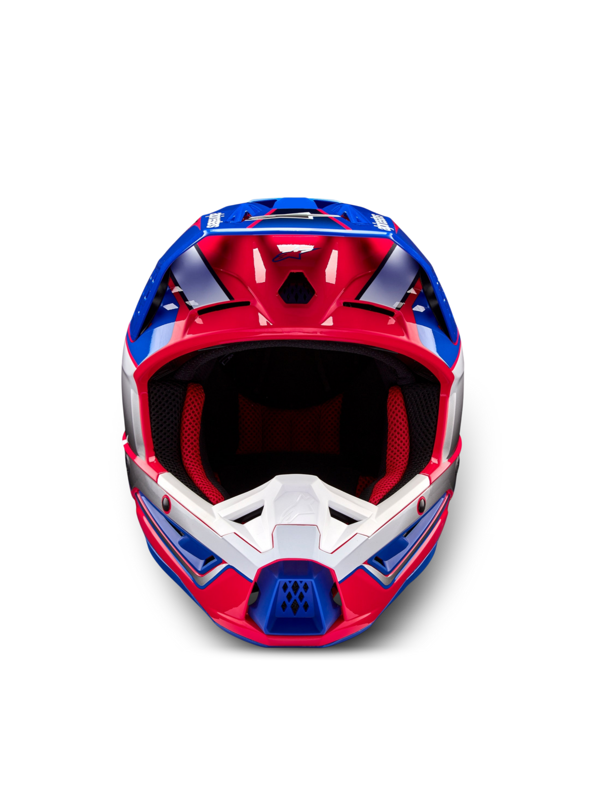 Alpinestars S-M5 Sail hjälm, motocrosshjälm i rosa, blått och vitt, ECE 22.06-certifierad.