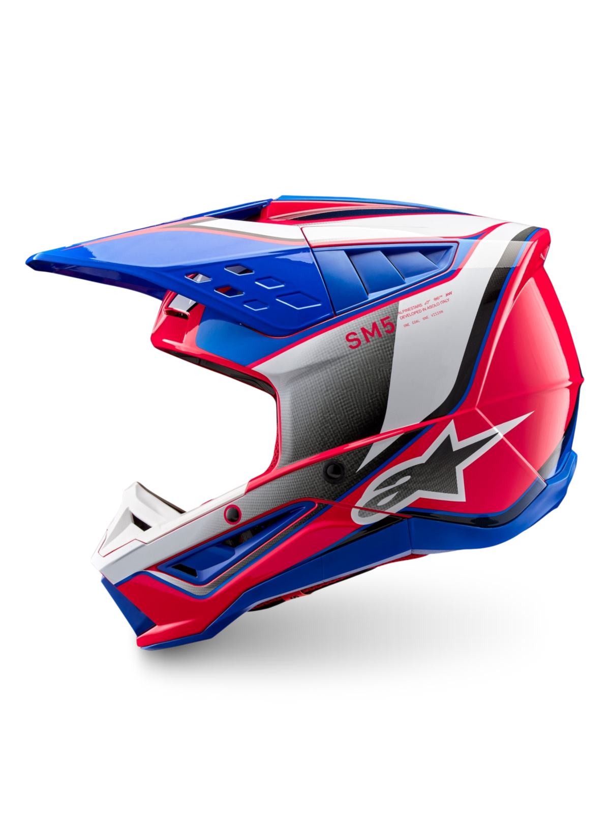 Alpinestars S-M5 Sail hjälm ECE 22.06, blank blå och rosa offroad-hjälm för motocross med avancerad ventilation.