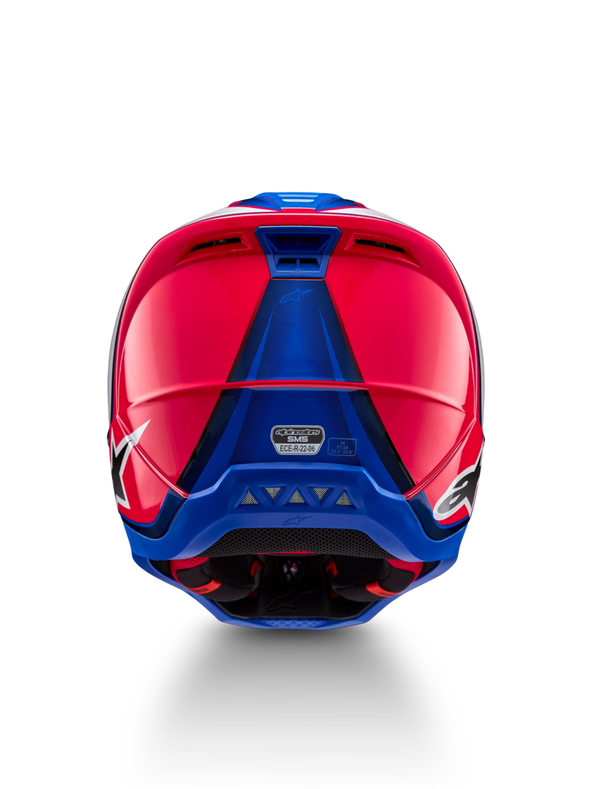Alpinestars S-M5 Sail hjälm, motocrosshjälm, rosa och blå, bakifrån med ventilationsutlopp och ECE 22.06-certifiering