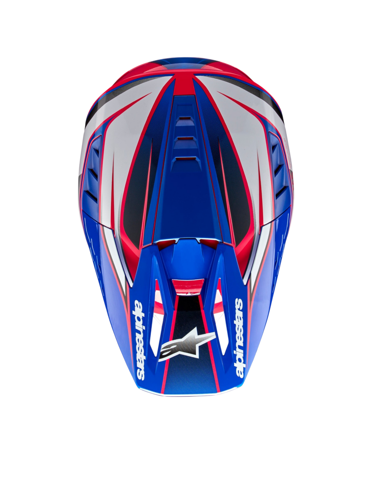 Alpinestars S-M5 Sail hjälm, blå, vit och rosa motocrosshjälm sedd ovanifrån, aerodynamiskt skal, ECE 22.06-certifierad.