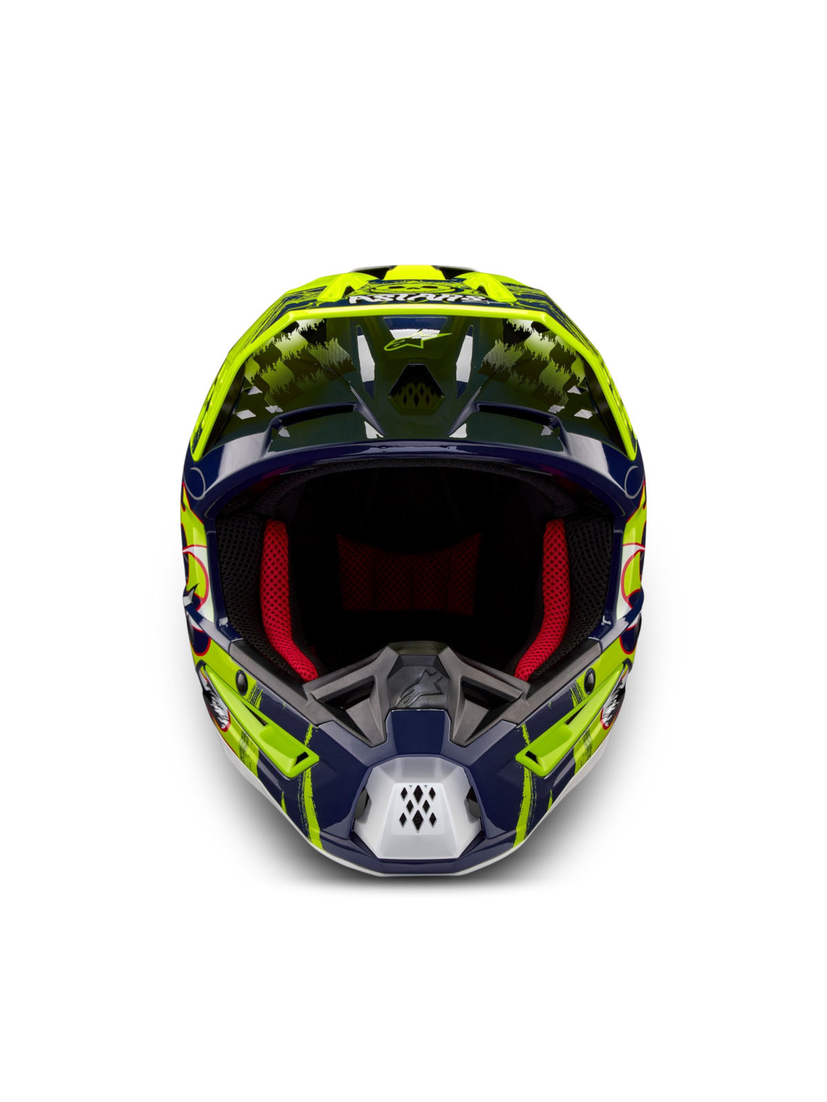 Alpinestars S-M5 Rash hjälm, motocrosshjälm i marinblått och gul fluo, frontvy med röd stoppning, ECE 22.06-certifierad