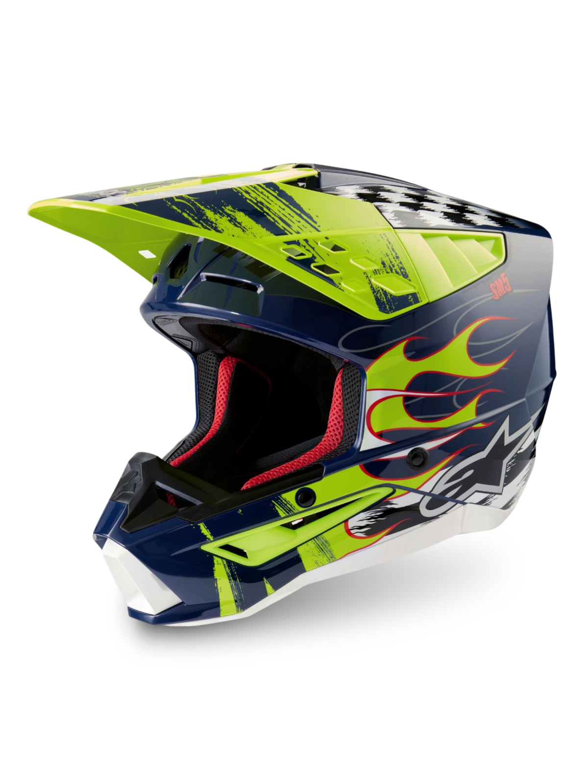 Alpinestars S-M5 Rash hjälm ECE 22.06, glänsande motocrosshjälm i nattmarin och gul fluo med avancerat skydd.