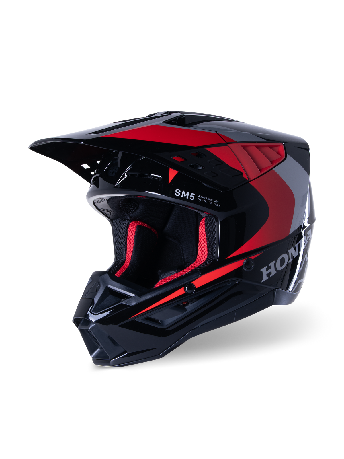 Alpinestars Honda S-M5-hjälm, motocrosshjälm, glansig svart och röd, med silverfärgade Honda-dekaler och SM5-logotyp, aerodynamisk profil med stora luftintag och justerbar skärm, designad för terrängkörning