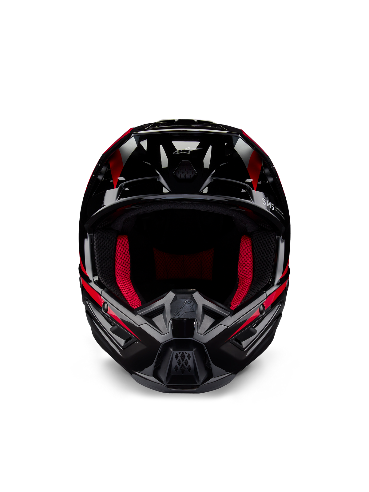 Alpinestars Honda S-M5-hjälm ECE, motocrosshjälm, svart röd glansig, vy framifrån med en glansig svart finish och röd grafik, klarröd invändig vaddering, vinklad design med flera luftintag, högpresterande skydd för motocross