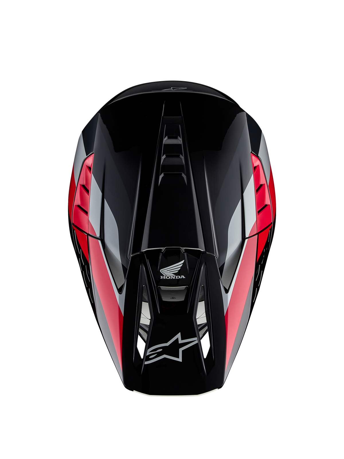 Honda S-M5 Hjälm ECE, motocrosshjälm, svart röd blank med röda och silverfärgade grafiska ränder, vy uppifrån som visar aerodynamiskt skal och ventilerad skärm, Alpinestars- och Honda-logotyper, högpresterande off-road-utrustning