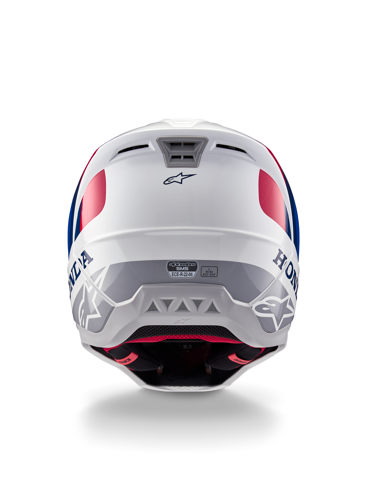 Alpinestars Honda S-M5-hjälm ECE, motocrosshjälm, vit, blå och röd glansig, vy bakifrån som visar Honda- och Alpinestars-logotyper, strömlinjeformat skal med integrerade ventilationsutblås och ECE-certifieringsetikett