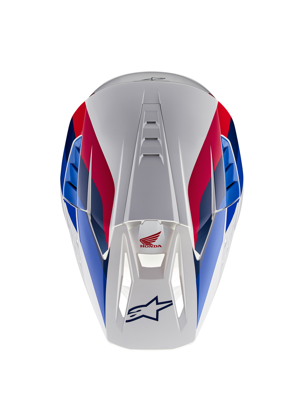 Alpinestars Honda S-M5-hjälm ECE, motocrosshjälm, vit, blå och röd glansig finish, vy ovanifrån som framhäver ventilationskanaler, röd och blå grafik med Honda- och Alpinestars-logotyper