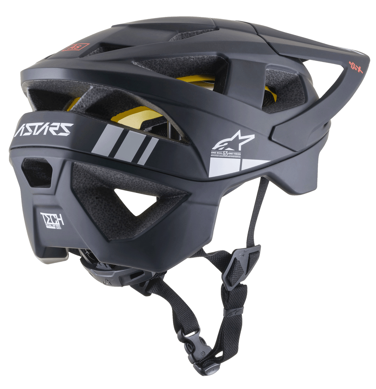 Alpinestars Vector Tech A1 MTB-hjälm, mountainbikehjälm, mattsvart med ljusgrå detaljer, sido- och bakprofil som visar ventilationsöppningar, vit Alpinestars-stjärnlogotyp, ASTARS-logotyp och synligt gult MIPS-skydd, med en justerbar svart hakrem.
