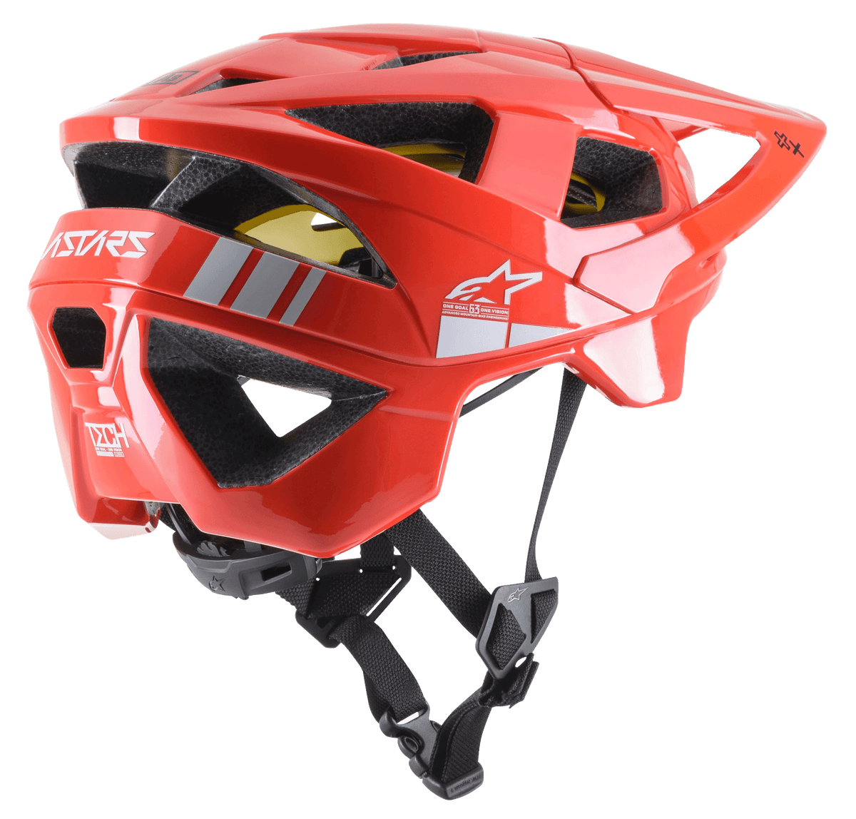 Alpinestars Vector Tech A2 MTB-hjälm, mountainbikehjälm, klar röd och ljusgrå glansig, med 19 ventilationsöppningar, vit logotyp, gult MIPS-foder och justerbar svart hakrem, hållbar och lätt för terrängskydd
