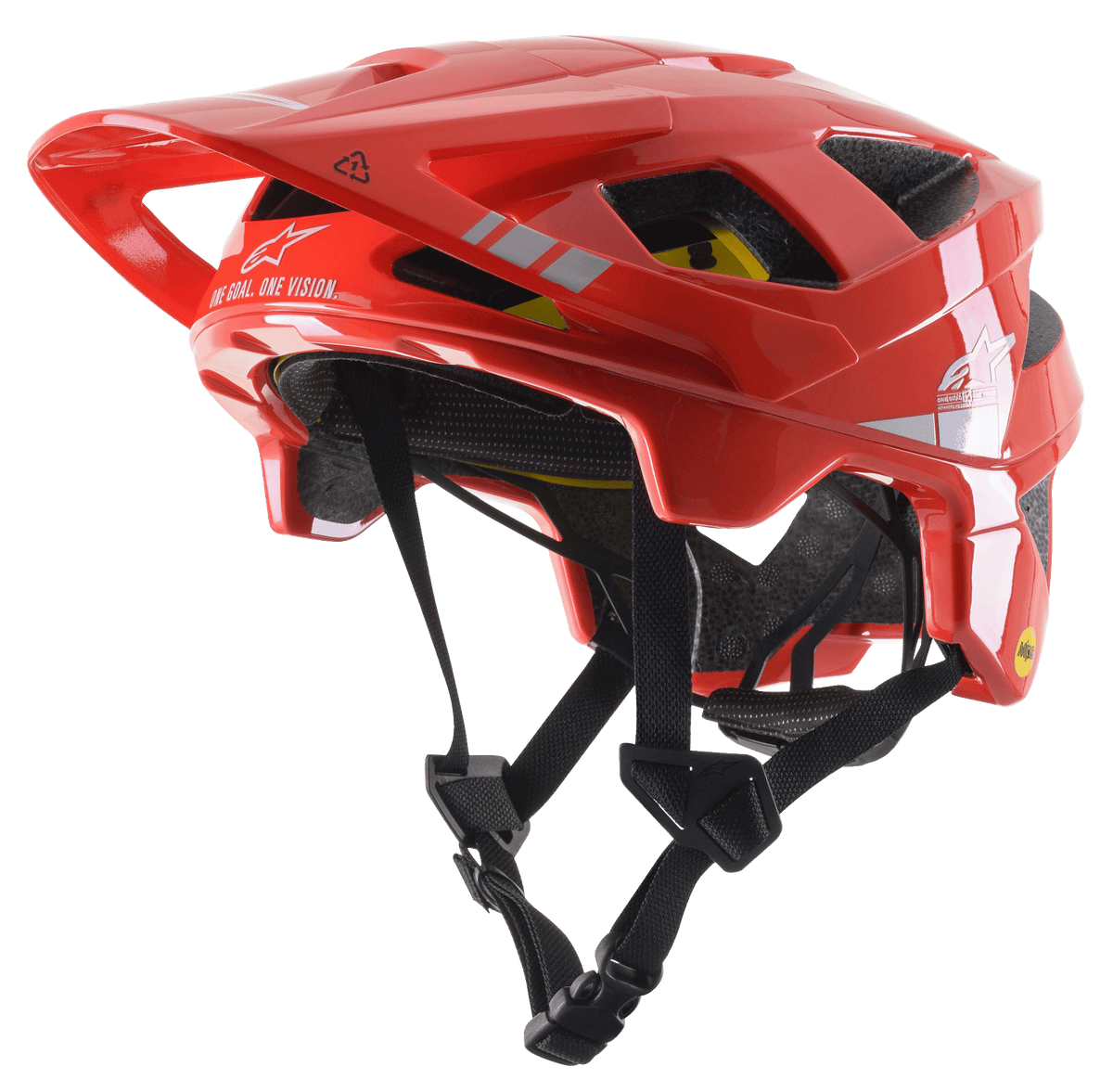 Alpinestars Vector Tech A2 MTB-hjälm, stark röd med ljusgrå glansiga accenter, vita Alpinestars-logotyper och grafik, justerbar skärm, flera ventilationsöppningar, svarta hakremmar och lättviktsdesign för mountainbike