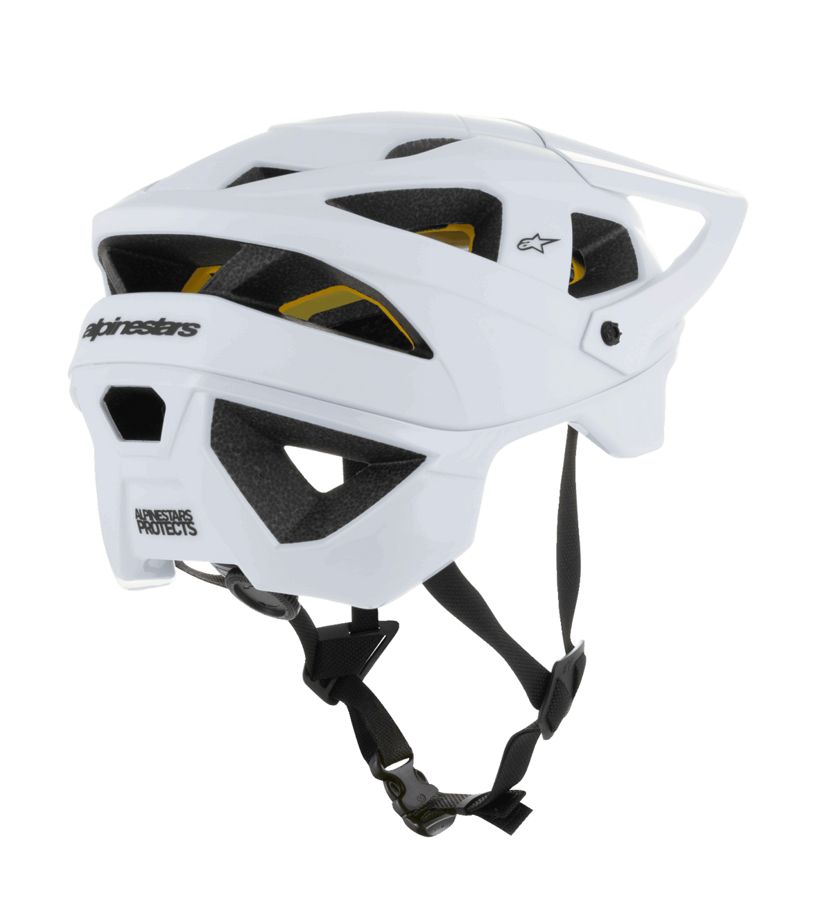 Alpinestars Vector Tech Solid-hjälm, öppen MTB-hjälm, vit matt och blank finish, stora ventilationsöppningar med synligt gult Mips-foder, svart Alpinestars-logotyp baktill och justerbar svart hakrem, professionellt skydd för mountainbike