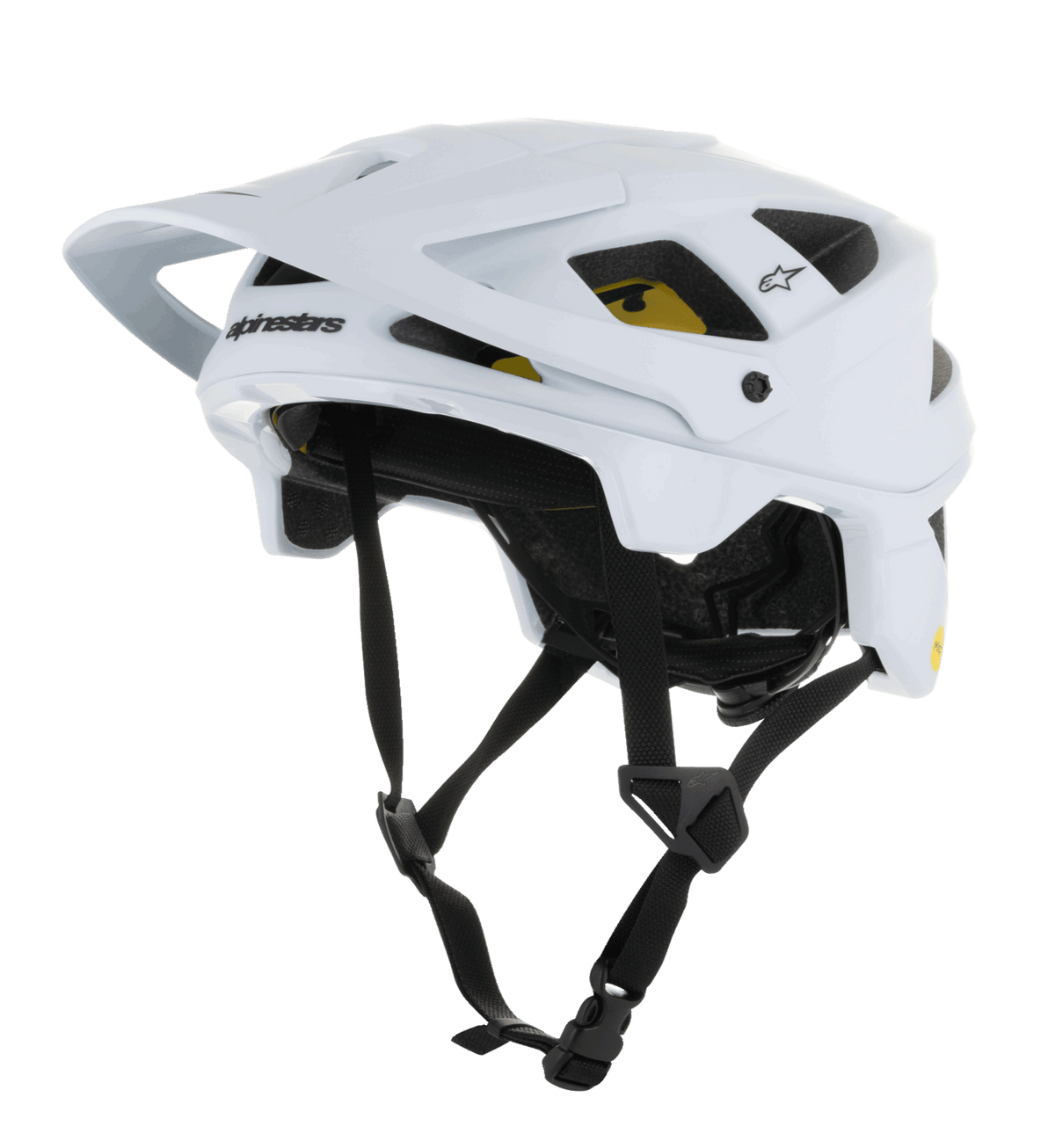 Alpinestars Vector Tech Solid hjälm, MTB-hjälm, vit matt och glansig finish, med vinkelformad design, flera ventilationsöppningar, svarta justerbara hakremmar, gul Mips-interiörvaddering och en justerbar skärm
