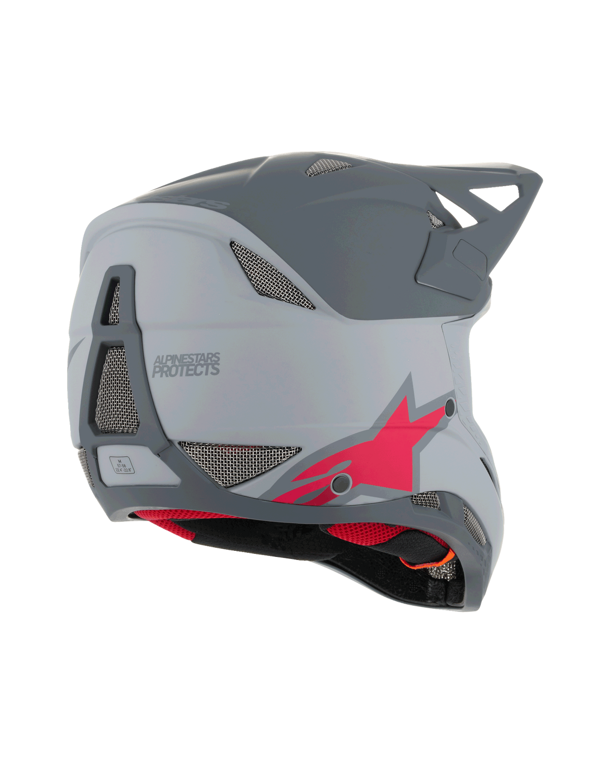Alpinestars Missile Tech Racer-hjälm, fullface MTB-hjälm, ljusgrå och mörkgrå matt med röd stjärnlogotyp, bakre sidovy som visar ventilationsnät och strömlinjeformad profil, skydd för downhillcykling