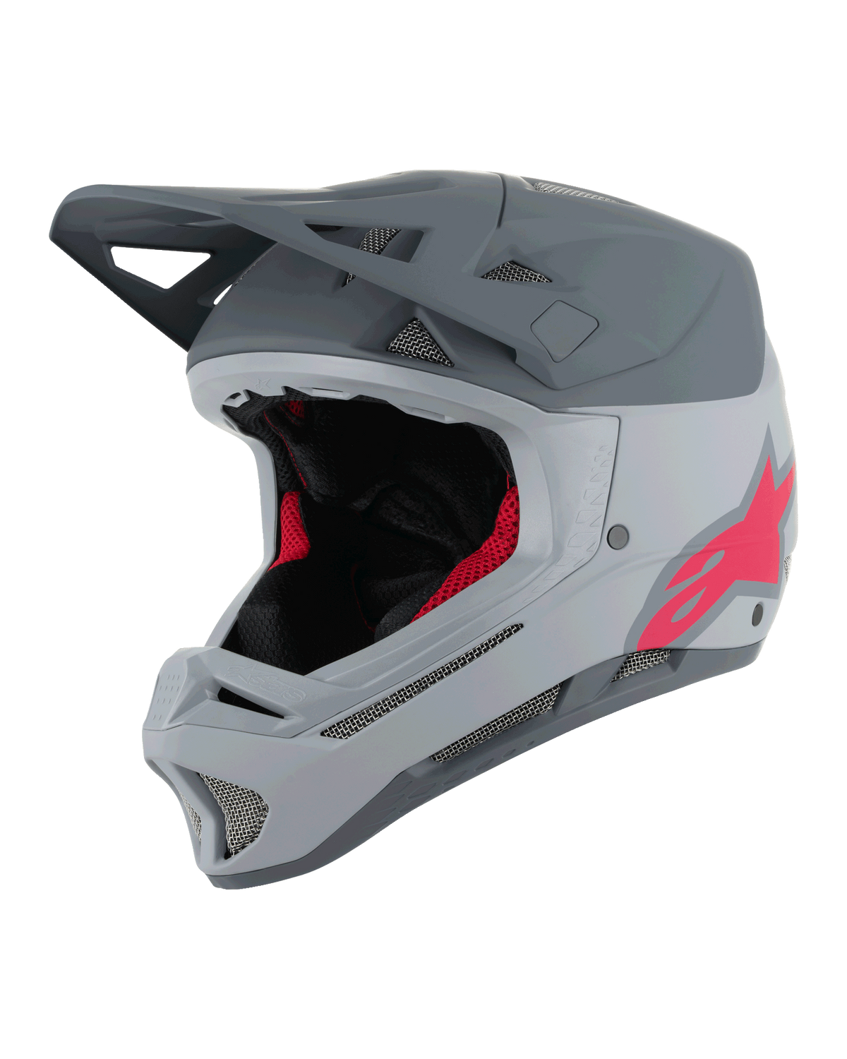 Alpinestars Missile Tech Racer hjälm, fullface-hjälm för MTB, ljusgrå och mörkgrå matt med rosa Astars-logotyp, aerodynamiskt visir, flera ventilationsöppningar med nät, svart och röd inre vaddering, downhill-utrustning
