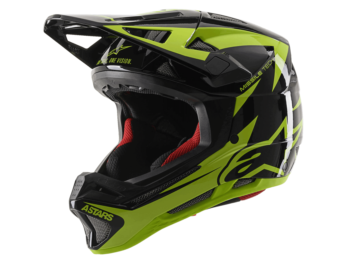 Alpinestars Missile Tech-Air fullfacehjälm, downhillhjälm för MTB, glansig svart och neongul, med 22 ventilationsöppningar, 'ASTARS'- och 'MISSILE TECH'-logotyper, röd invändig vaddering, glansig aerodynamisk design