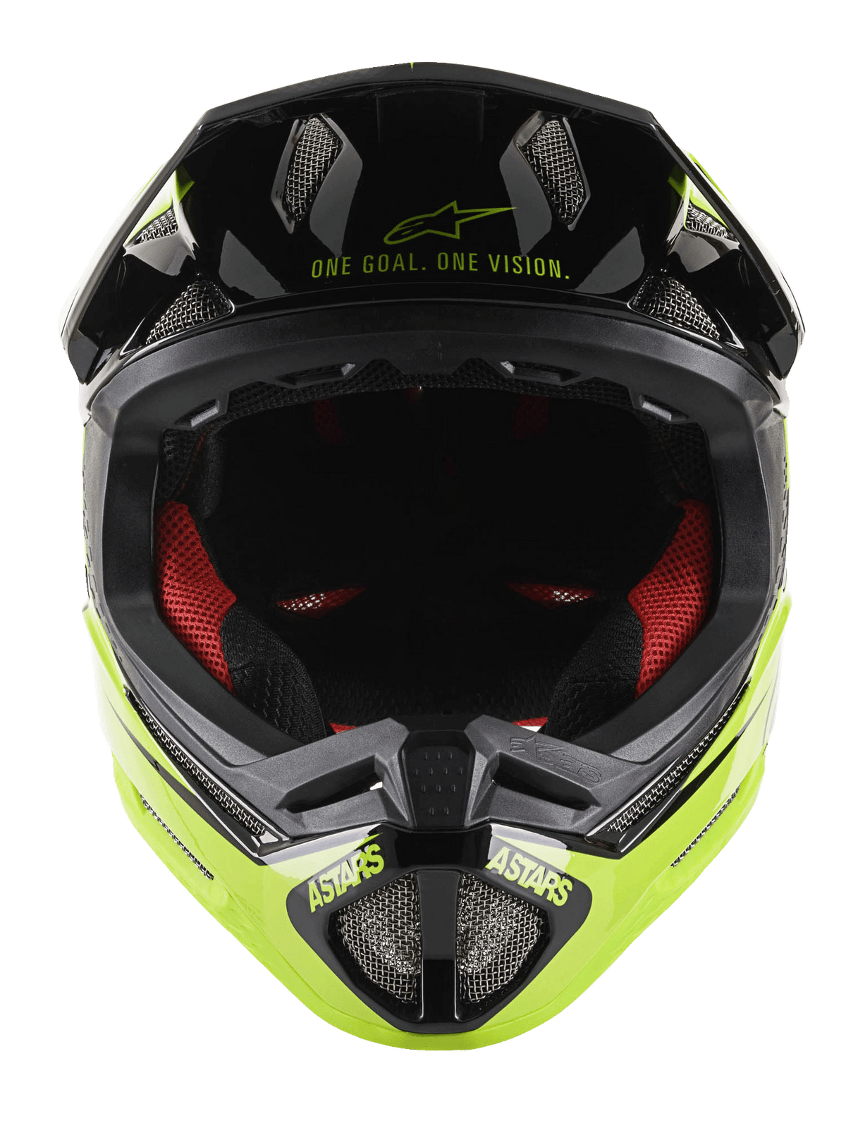 Alpinestars Missile Tech-Air® fullfacehjälm, MTB-fullfacehjälm, svart och neongul blank, vy framifrån som visar texten 'One Goal. One Vision.' på visiret, röd invändig vaddering, nätförsedda luftventiler och ASTARS-logotyp på hakskyddet