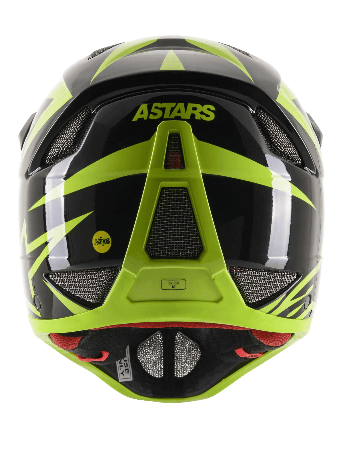 Alpinestars Missile Tech-Air integralhjälm, sedd bakifrån, svart och neongul blank, med ASTARS-logotyp och MIPS-logotyp, aerodynamisk design med flera nätförsedda ventilationsöppningar