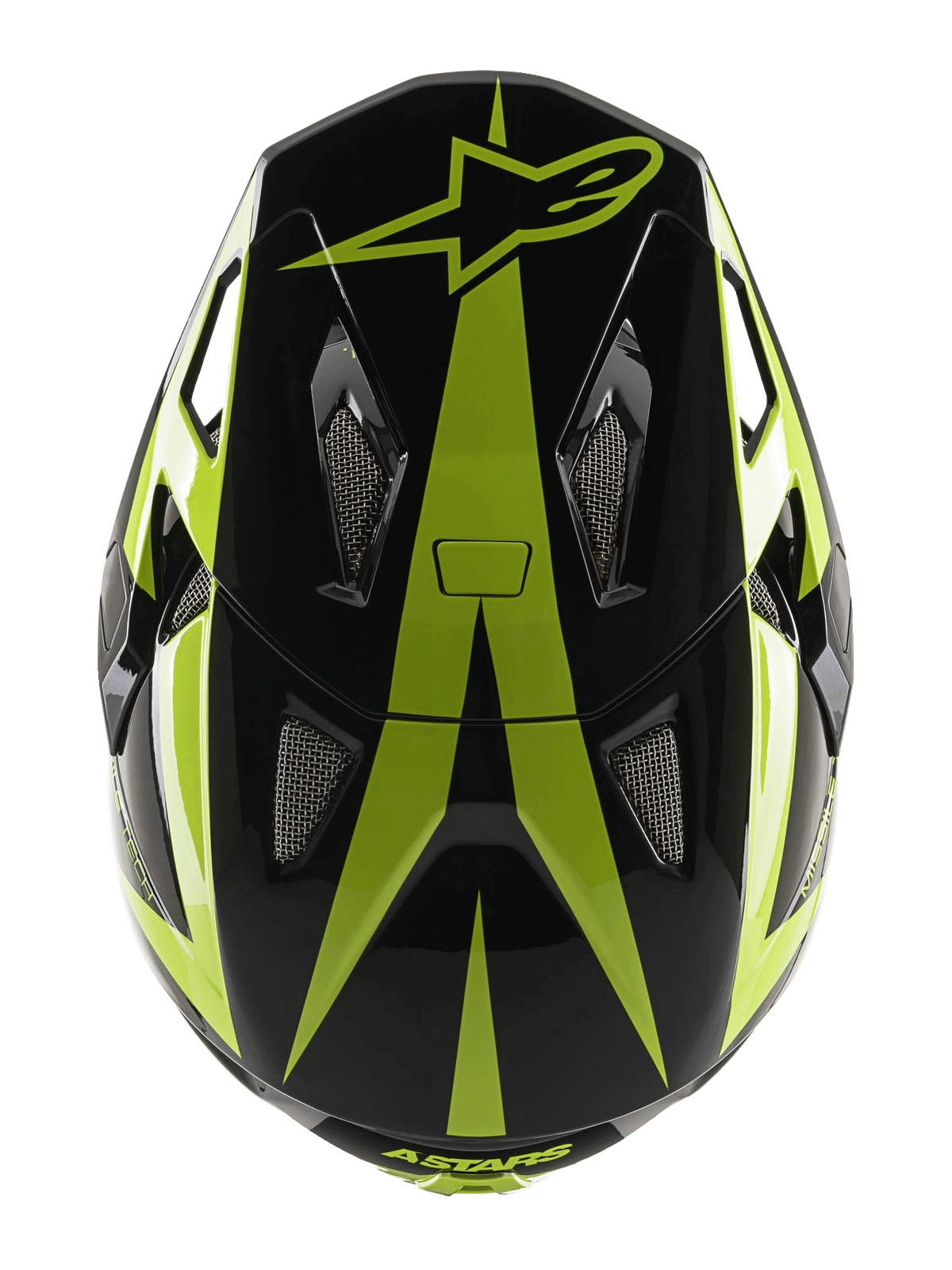 Alpinestars Missile Tech-Air fullfacehjälm, MTB-hjälm, svart och neongul glansig, vy ovanifrån som visar stjärnlogotyp och ventilationsöppningar i nät
