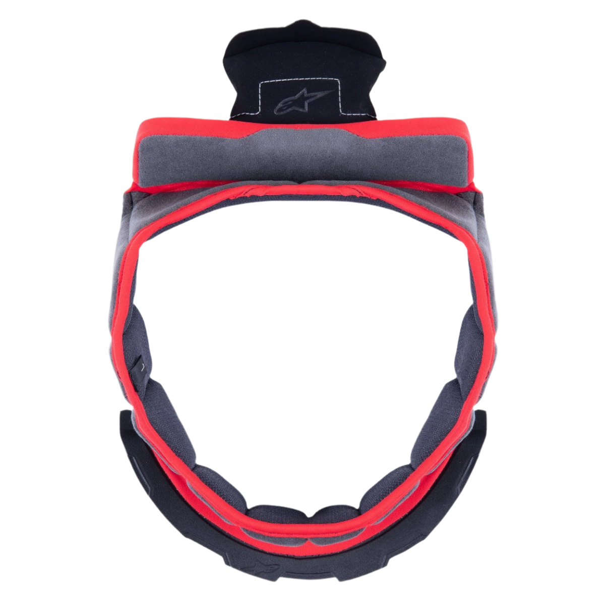 Alpinestars Supertech R10 Crown Pad, grå ersättningskronkudde för motorcykelhjälm, cirkulär form med röd kant och grått tyg, svarta plastfästen med Alpinestars-logotyp, designad för komfort och anpassning av passformen.
