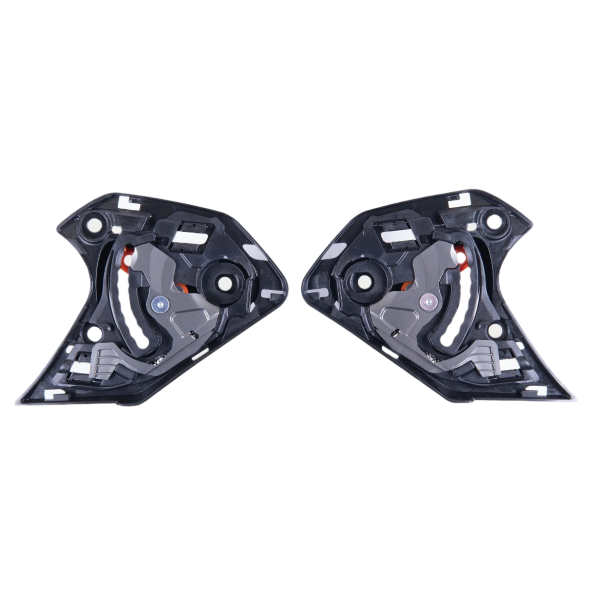 Alpinestars Supertech R10 visirmekanism, ett par svarta ersättningsvisirmekanismer, vänster och höger komponent med mekaniska leder och monteringspunkter för S-R10 motorcykelhjälmar