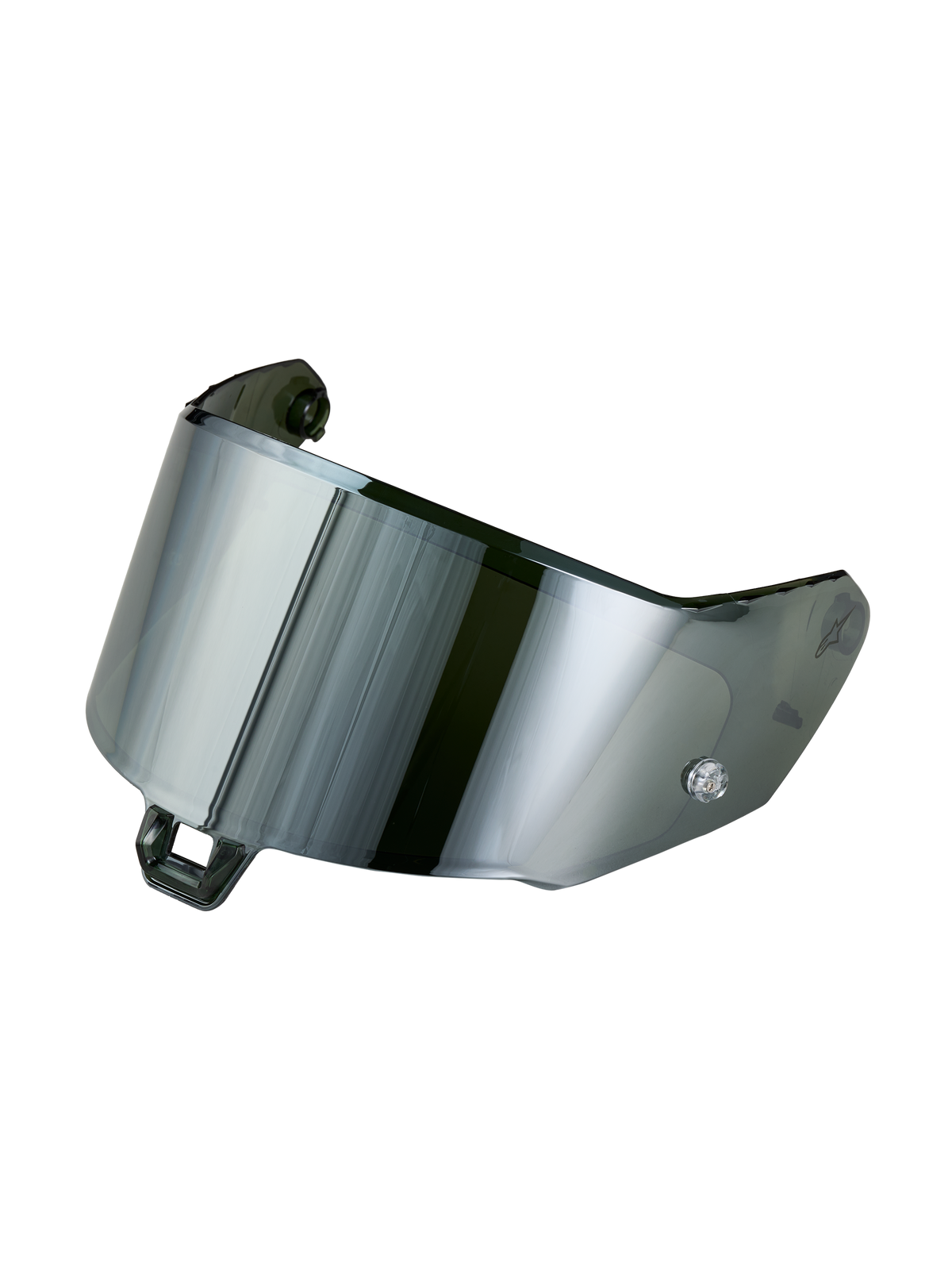 Alpinestars Supertech R-10/R-7 Gen 2.1-R Absolute Vision visir, visir till motorcykelhjälm med spegelsilverfinish, slagtålig polykarbonatkonstruktion, produktbild mot svart bakgrund