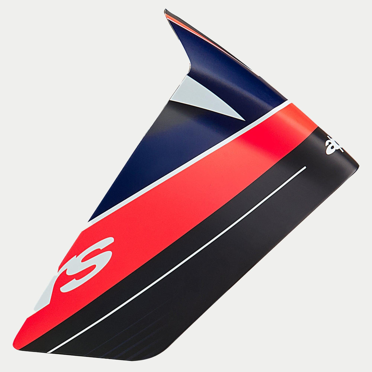 Alpinestars Supertech R10 Team Race Spoiler, hjälmtillbehör, svart kolfiber, fluorescerande röd och matt mörkblå, aerodynamisk vingdesign med vit logotypgrafik, ersättningskomponent för racinghjälmar för motorcyklar