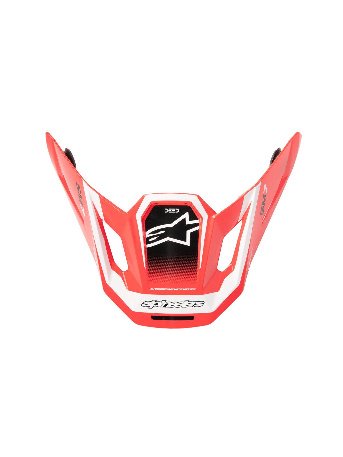 Alpinestars S-M7 Deed ECE06-skärm, MX-hjälmskärm, röd, svart och vit i glansig finish, vinklad aerodynamisk design med vit stjärnlogotyp på svart mittpanel, med SM7- och Deed-märkning, glansig finish för terrängprestanda